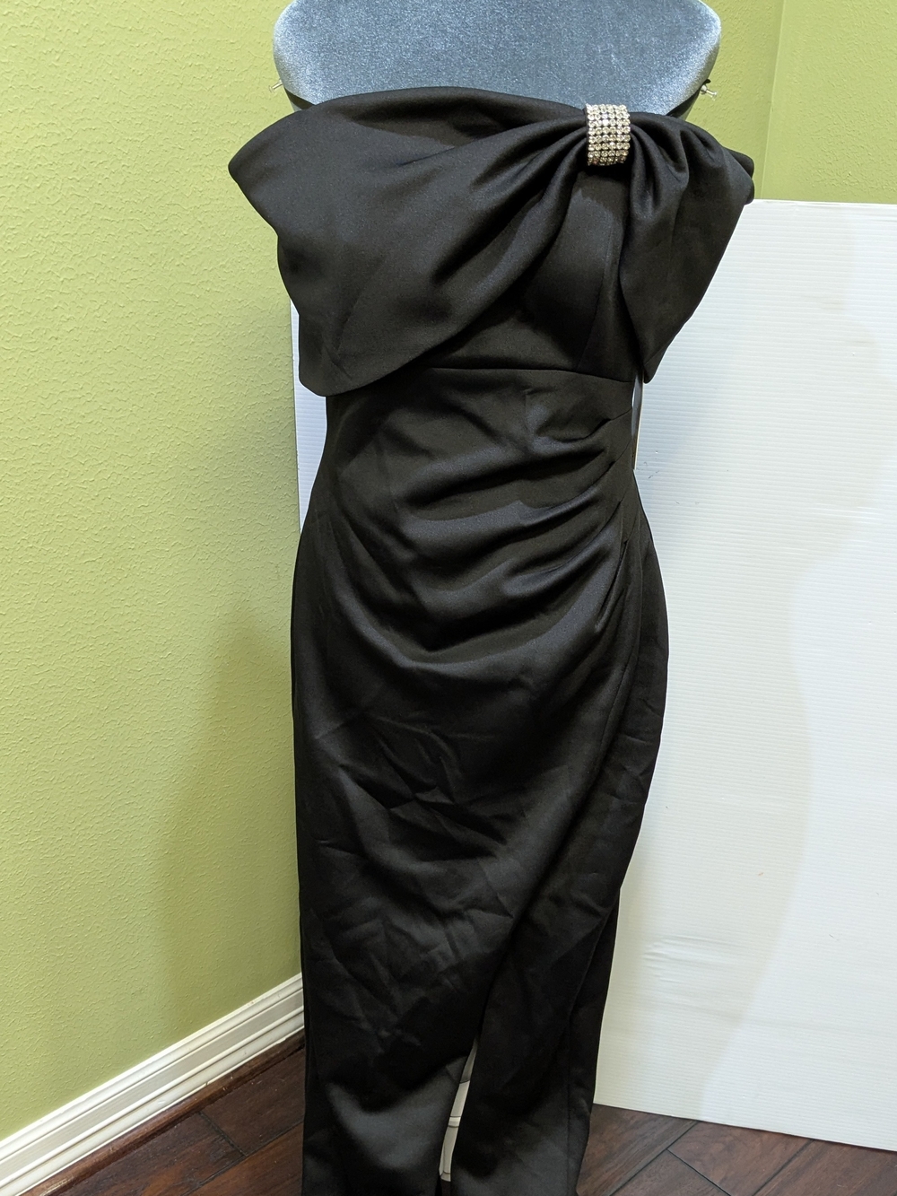 0616 Eliza J Black Strapless Bow Maxi Dress with Rhinestone Accent